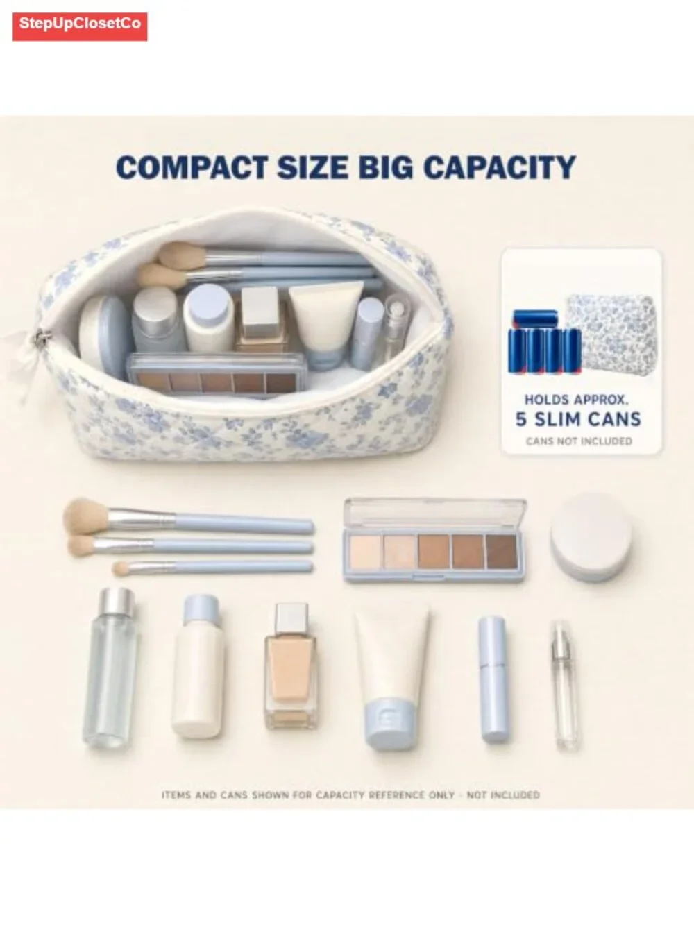 Quilted Cotton Makeup Bag with Zipper, Large Capacity Cosmetic Organizer for